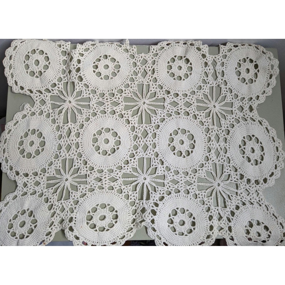 Vintage Hand Crocheted Lace Doily Square Table Topper Cotton 13x17 Ivory